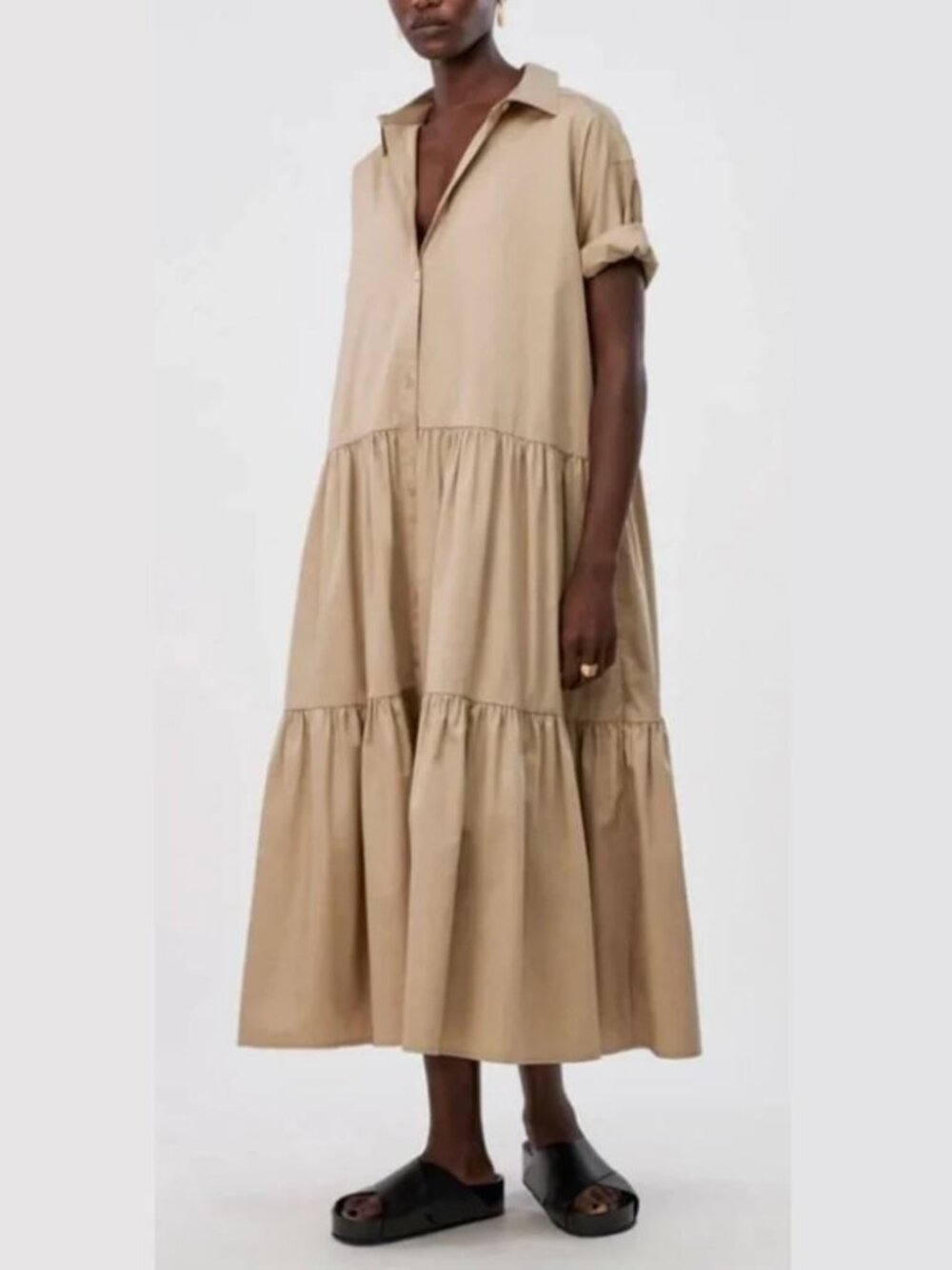 CO Essentials Oversized Short Sleeve Tiered Maxi Dress khaki cotton poplin flowy